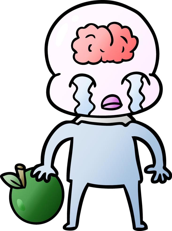 alienígena de cérebro grande dos desenhos animados com maçã vetor