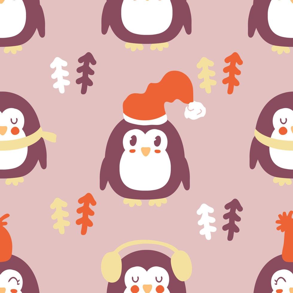 pinguins de inverno com padrão sem emenda de árvores de Natal. vetor