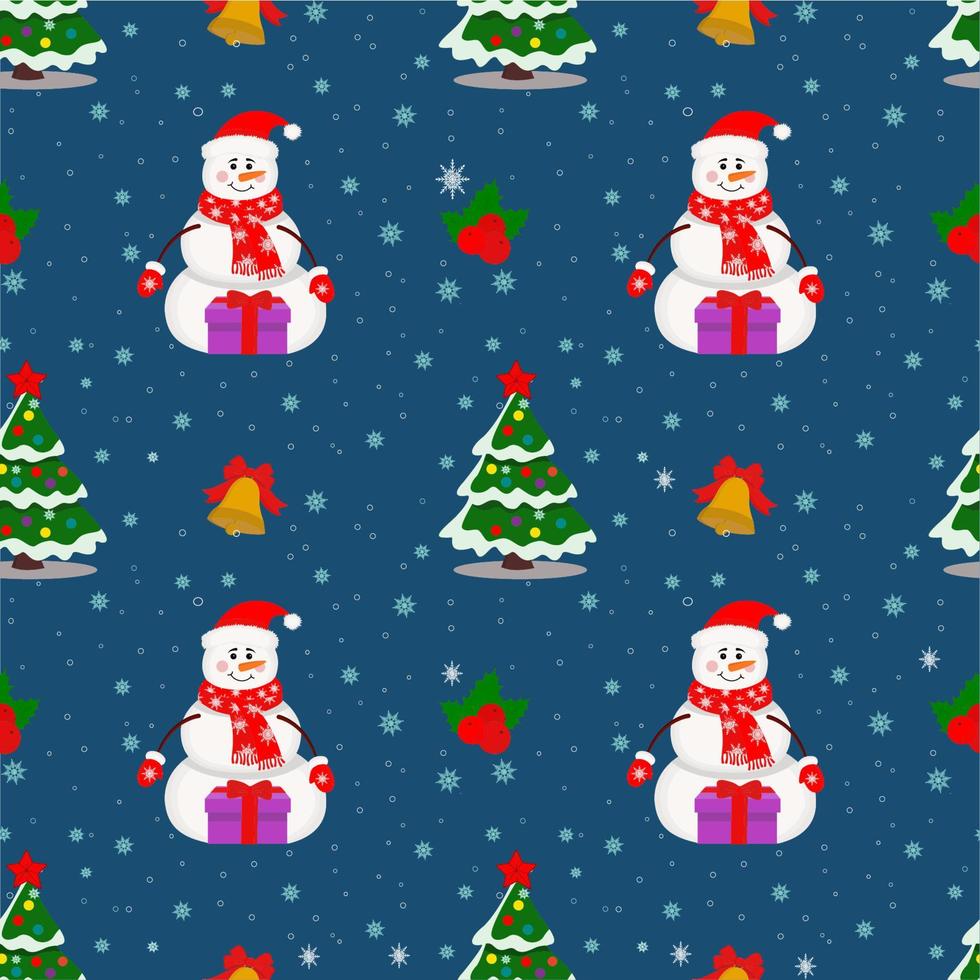 padrão sem emenda de natal com boneco de neve, árvore de natal, presentes de ano novo e pão de gengibre em um fundo azul, padrão de inverno para papel de embrulho e embalagens, cartões de natal, plano de fundo da página da web. vetor