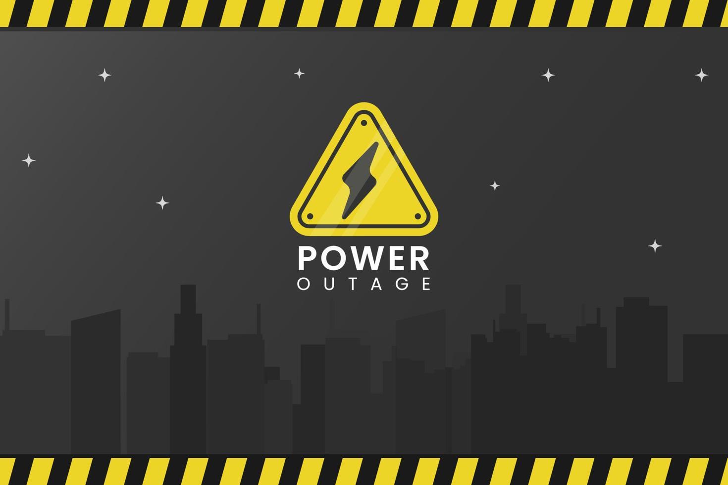 ícone de apagão. O banner da web de falta de energia tem um sinal de aviso com um símbolo de relâmpago, fitas de segurança e uma cidade noturna sem eletricidade. vetor