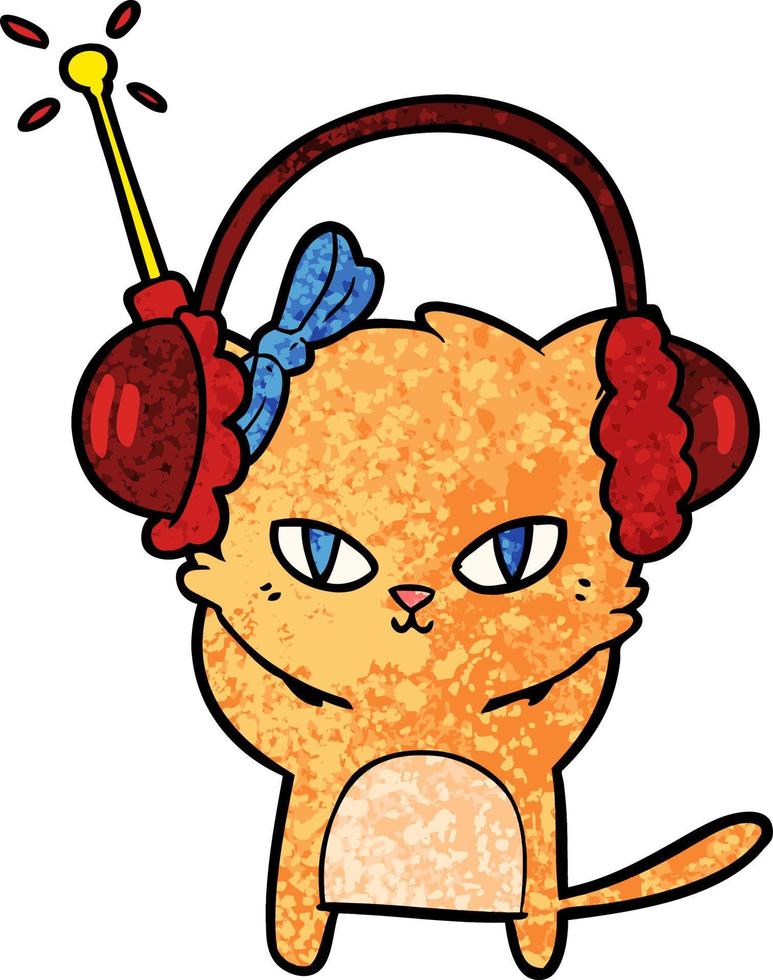gato bonito dos desenhos animados com fones de ouvido vetor
