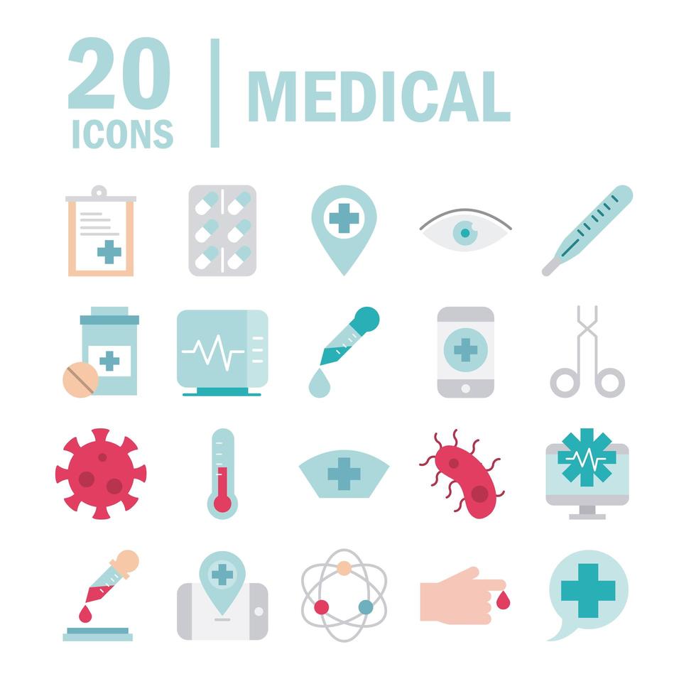 conjunto de ícones de estilo plano relacionado a médicos e saúde vetor