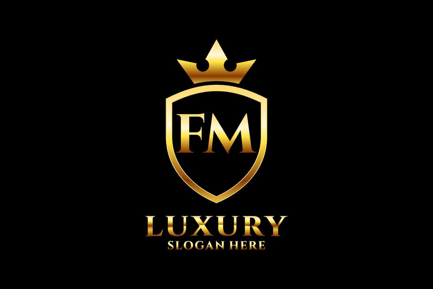 logotipo de monograma de luxo elegante inicial fm ou modelo de crachá com pergaminhos e coroa real - perfeito para projetos de marca luxuosos vetor