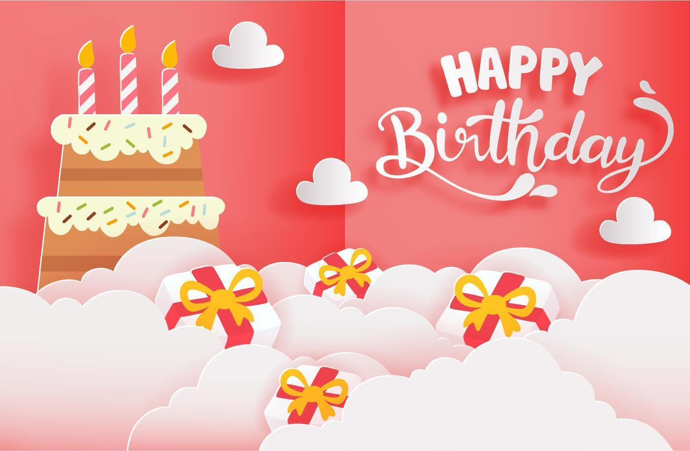 cartão de feliz aniversário com corte de papel estilo com bolo e presentes vetor