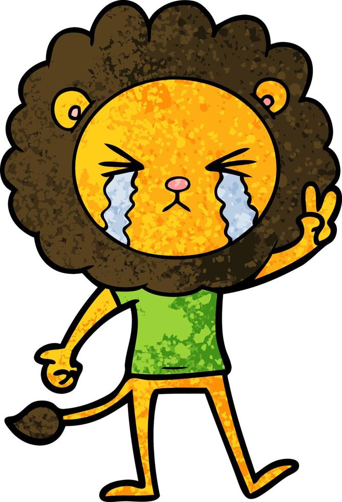 desenho animado leão chorando dando sinal de paz vetor