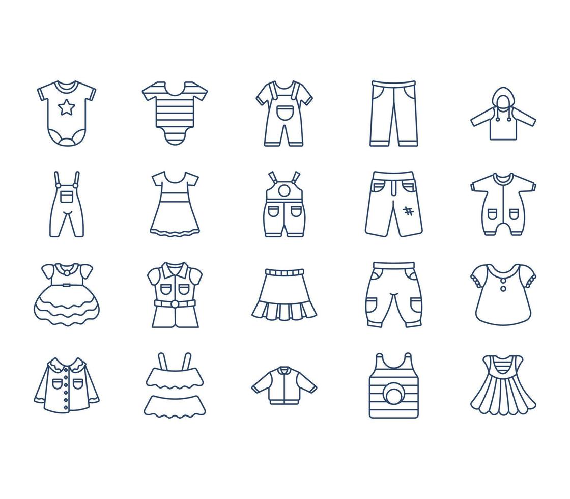 conjunto de ícones de roupas e vestidos para crianças vetor