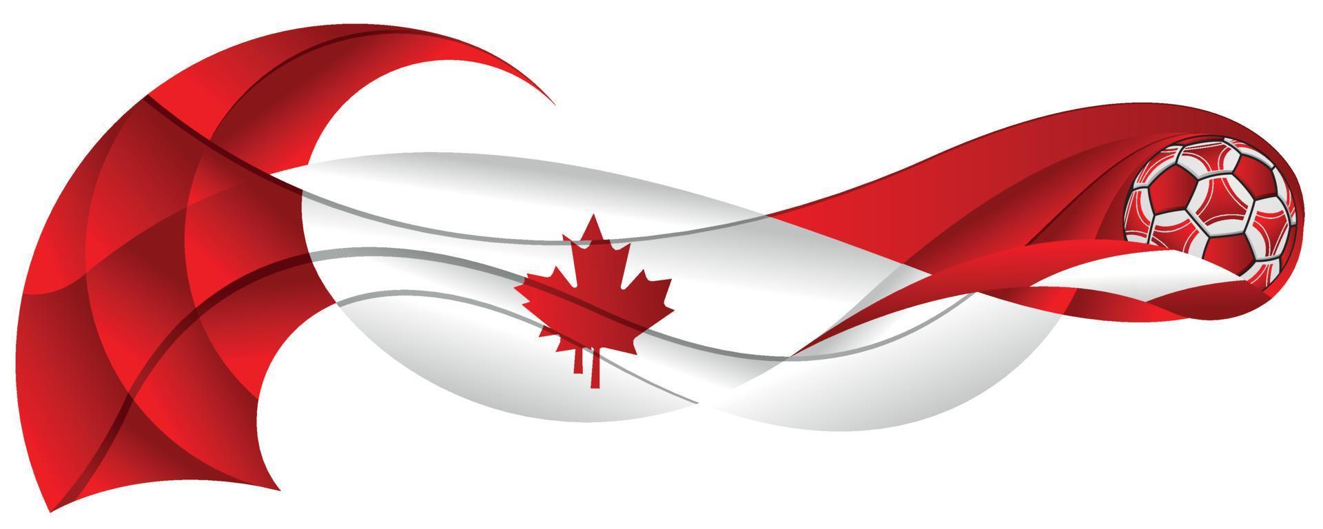 bola de futebol branca e vermelha deixando uma trilha ondulada abstrata com as cores da bandeira canadense em um fundo branco vetor