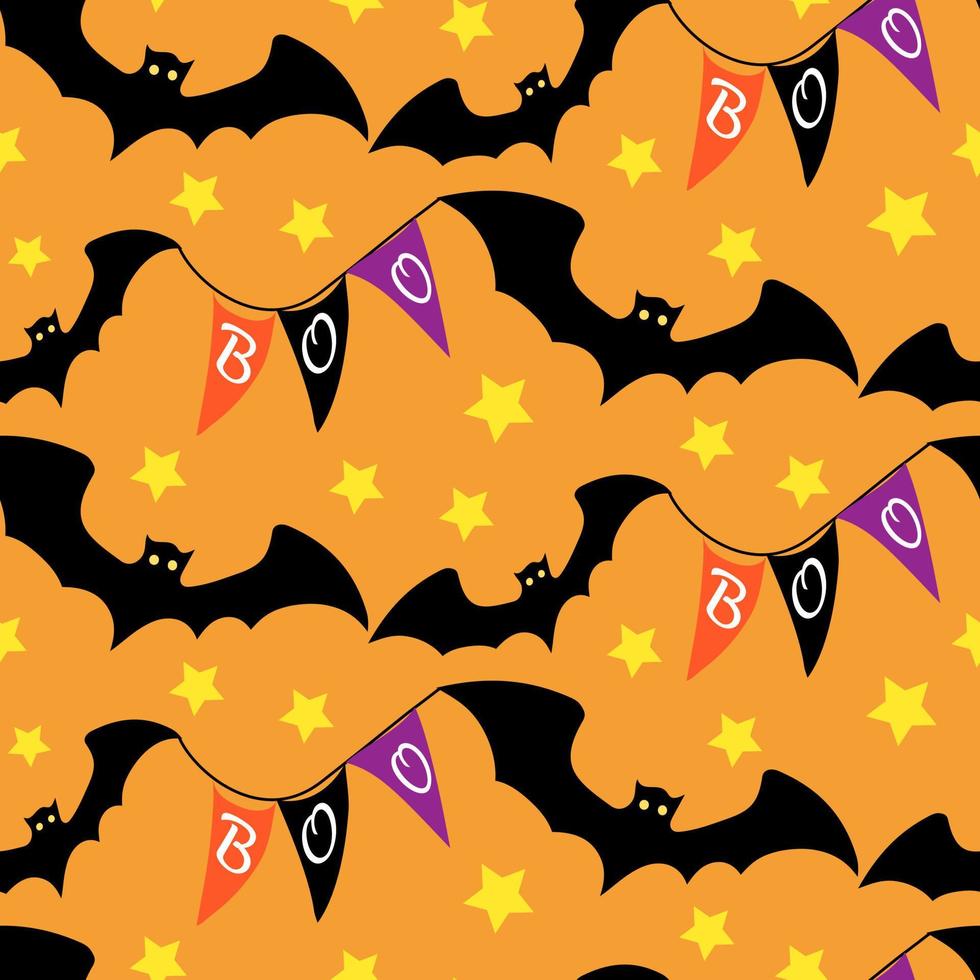 padrão sem emenda de halloween com bandeiras assustadoras e estrelas em fundo laranja. ilustração vetorial desenhada à mão para decoração de festa de halloween, scrapbooking, têxtil, papel de parede, design de cartão de saudação. vetor