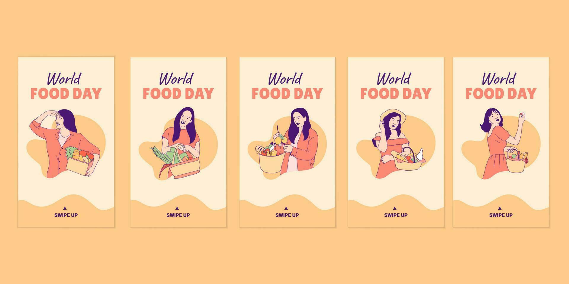 ilustrações linda mulher segurando comida de cesta de piquenique para coleção de histórias de mídia social do dia mundial da alimentação vetor