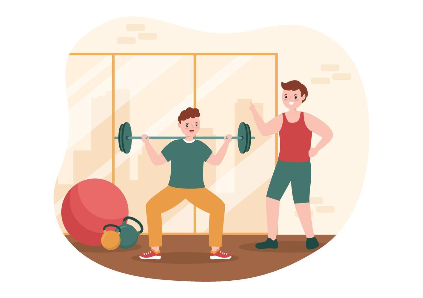 personal trainer ou instrutor de esportes modelo de ilustração plana de desenho animado desenhado à mão com trabalho ajudando alongamento, fitness e postura correta vetor