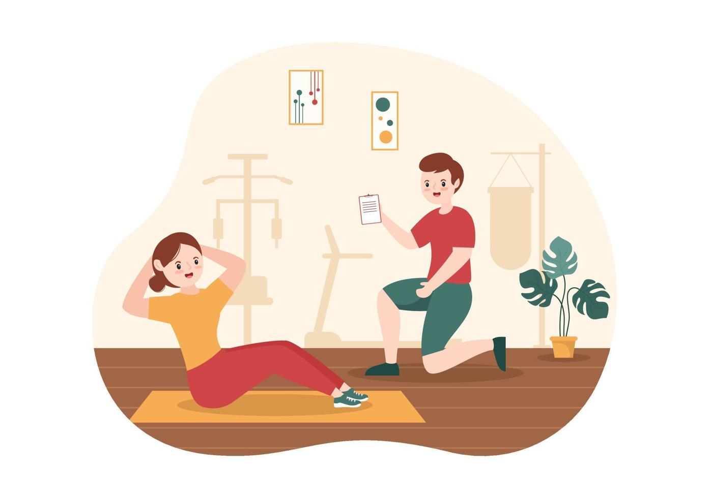 personal trainer ou instrutor de esportes modelo de ilustração plana de desenho animado desenhado à mão com trabalho ajudando alongamento, fitness e postura correta vetor