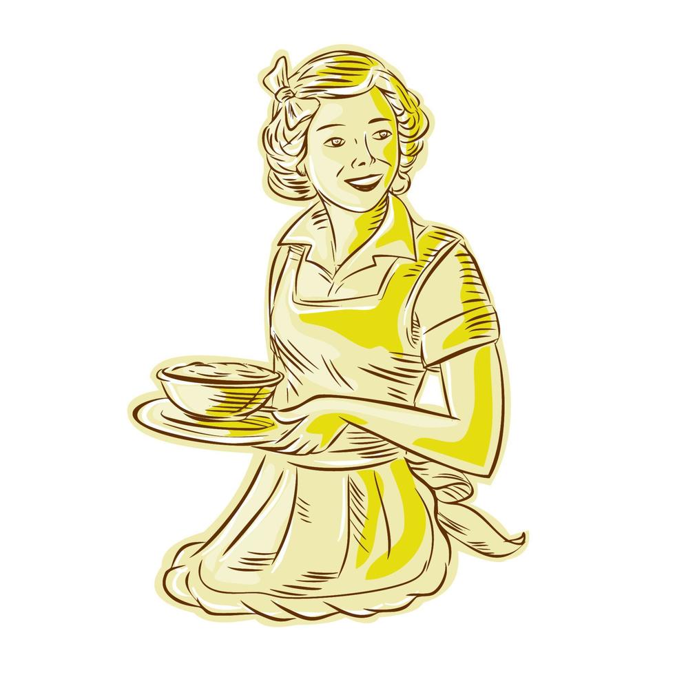 dona de casa servindo tigela de comida gravura vintage vetor