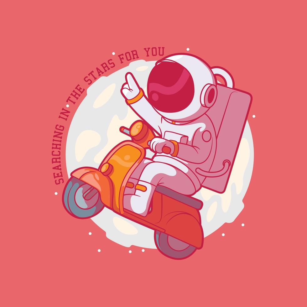 astronauta andando de scooter vendo a ilustração vetorial da lua. espaço, viagens, conceito de design de inspiração. vetor