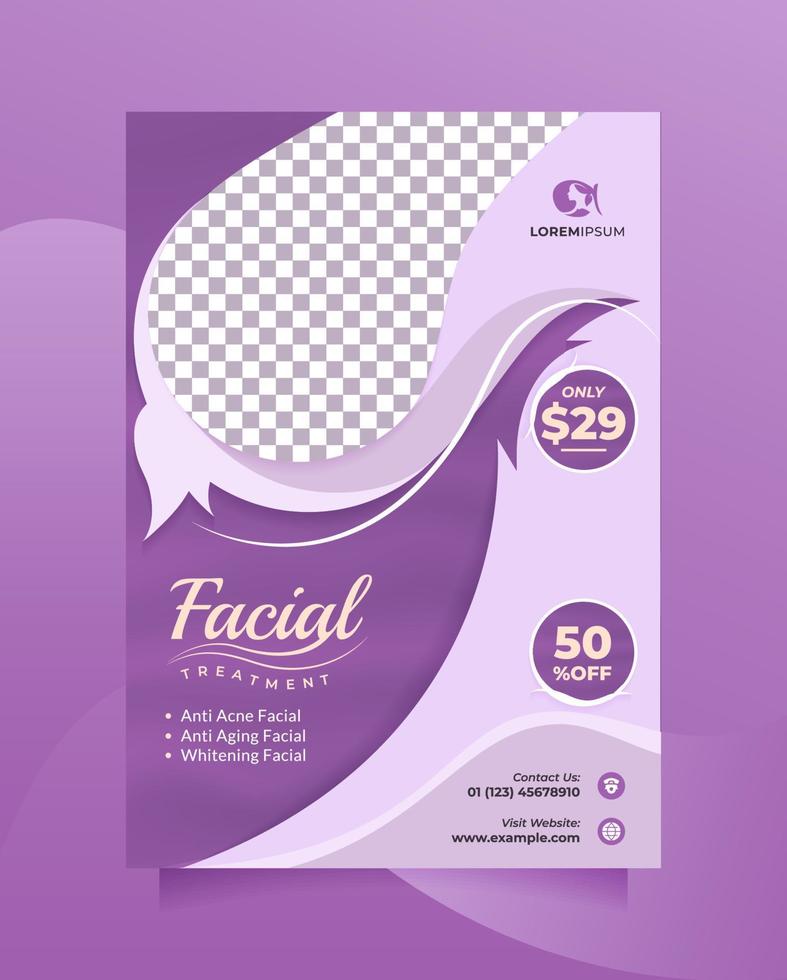 lindo modelo de panfleto e brochura roxo com tamanho a4. cartaz vetorial e design de banner para promover salão de beleza, clínica de pele saudável, venda de cosméticos, spa médico, algo natural, etc vetor