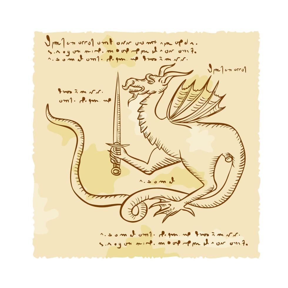 dragão segurando a gravura de espada vetor