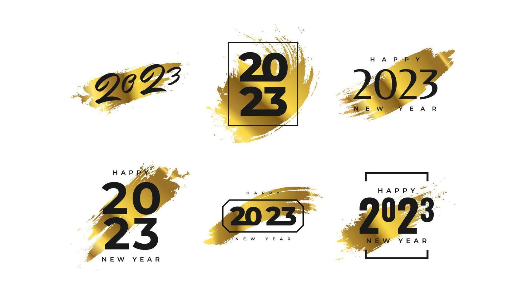 conjunto de design de texto de logotipo de feliz ano novo de 2023 com pincel dourado. 2023 símbolo de feliz ano novo isolado no fundo branco. utilizável para rótulo, design de calendário ou cartão de celebração vetor