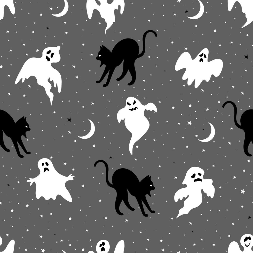 padrão de halloween sem costura. ilustração em vetor de festa de halloween. gato preto e fantasmas em um fundo cinza.