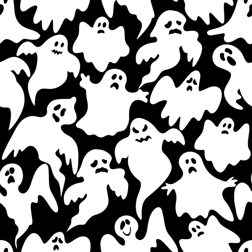 padrão sem emenda de dia das bruxas. fantasmas de desenhos animados em um fundo escuro. ilustração vetorial para o halloween. vetor