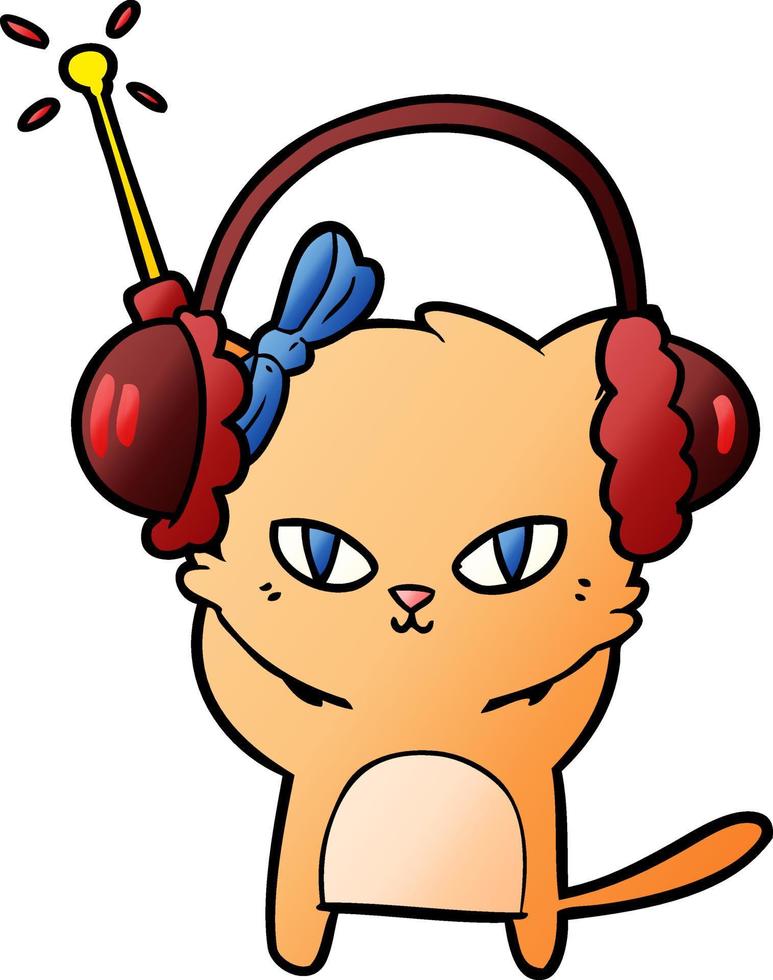 gato bonito dos desenhos animados com fones de ouvido vetor