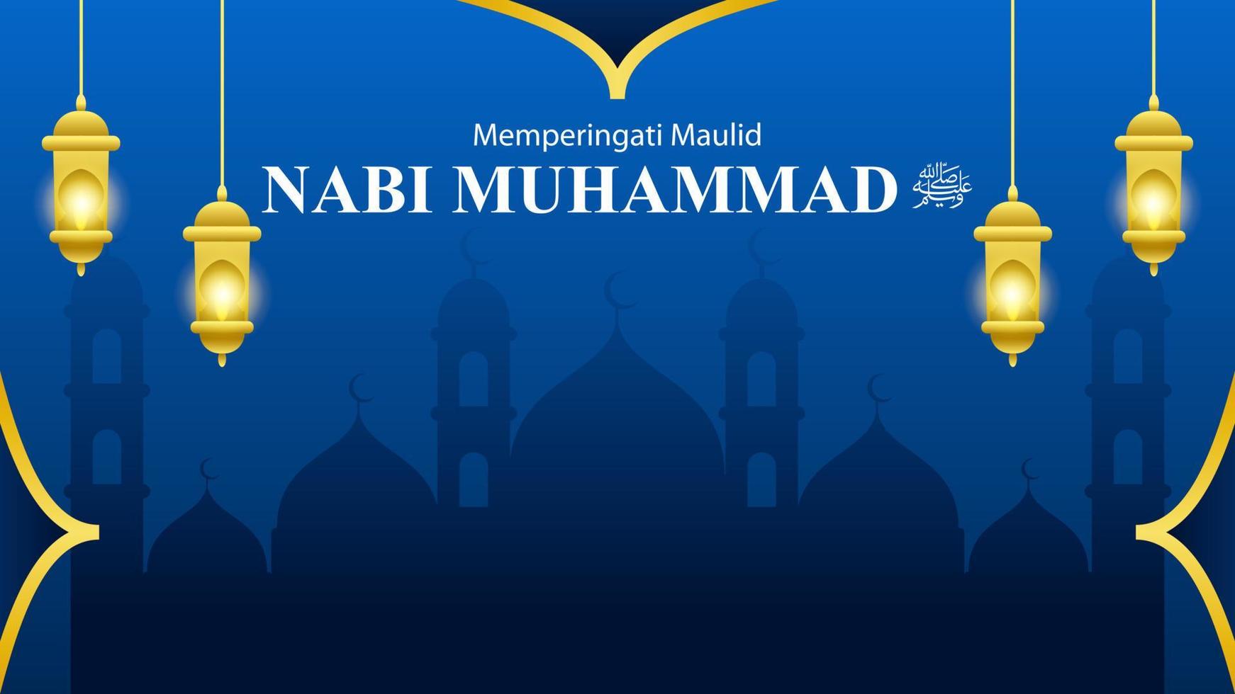 feliz mawlid nabi muhammad viu com mesquita em fundo azul vetor