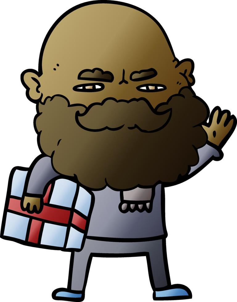 homem dos desenhos animados com barba franzindo a testa com presente de natal vetor