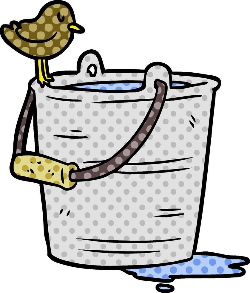 pássaro de desenho animado olhando para o balde de água vetor