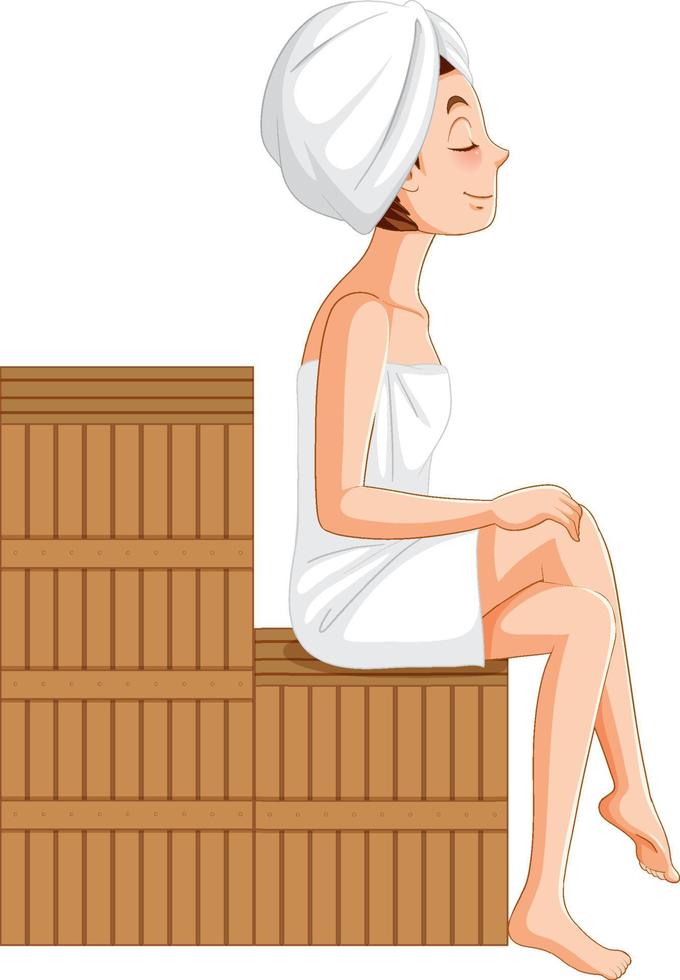 uma mulher sentada no banco de madeira na sauna vetor