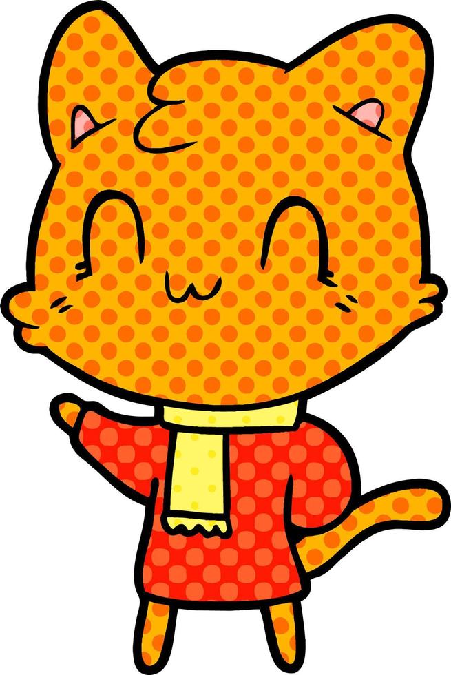 desenho animado gato feliz usando cachecol vetor