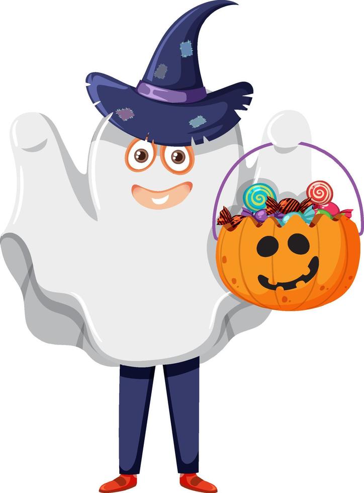 um menino vestindo fantasia de fantasma halloween doces ou travessuras vetor