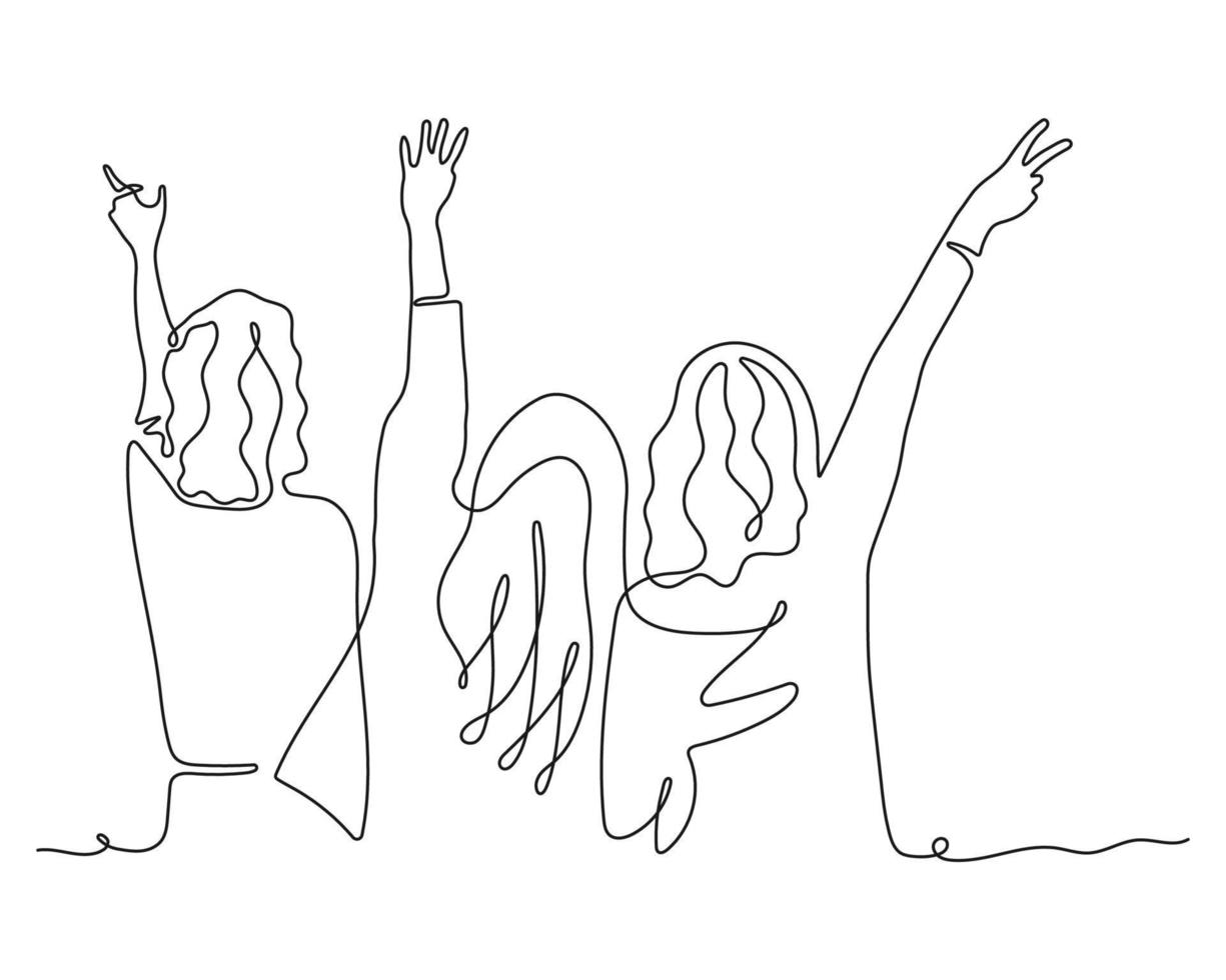 grupo de desenho de arte de linha de meninas. mãos ao ar. grupo de aplausos, ilustração vetorial de uma linha contínua. pessoas em pé no concerto, reunião. conceito de público feliz. vetor