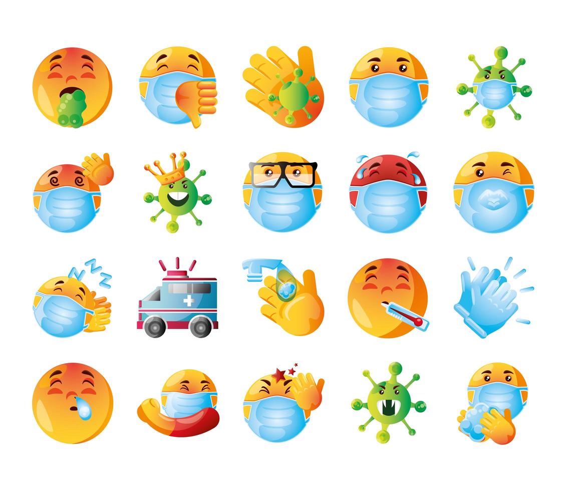 conjunto de ícones de emoji do covid 19 vetor