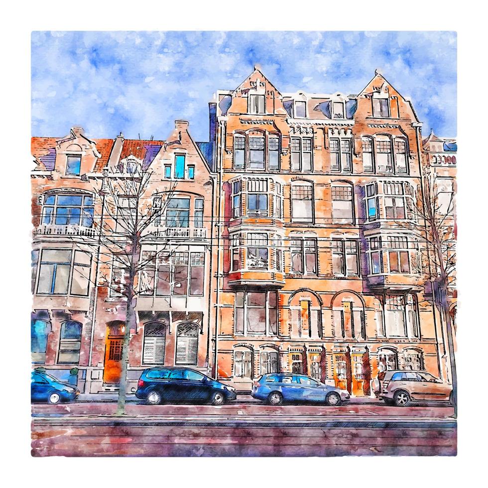 arquitetura amsterdã países baixos aquarela esboço mão desenhada ilustração vetor