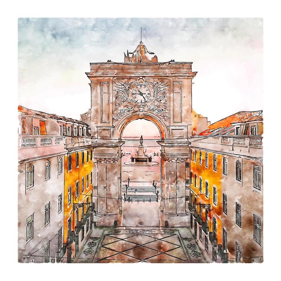 arco da rua augusta lisboa esboço em aquarela ilustração desenhada à mão vetor