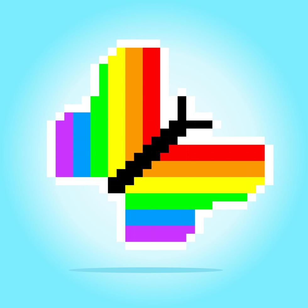 pixel 8 bits borboleta colorida do arco-íris. animais para ponto cruz em ilustração vetorial. vetor