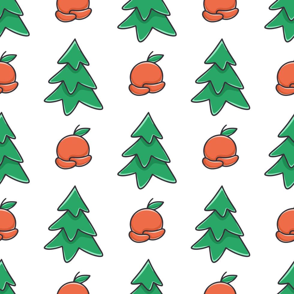 padrão perfeito de desenhos animados de árvores de natal e tangerinas vetor