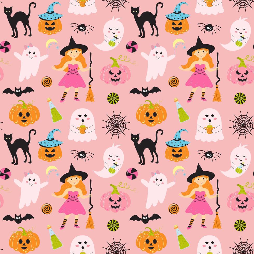 padrão de halloween sem costura com bruxa bonita, fantasmas cor de rosa, morcego, web, abóboras assustadoras, gato, doces e veneno. vetor