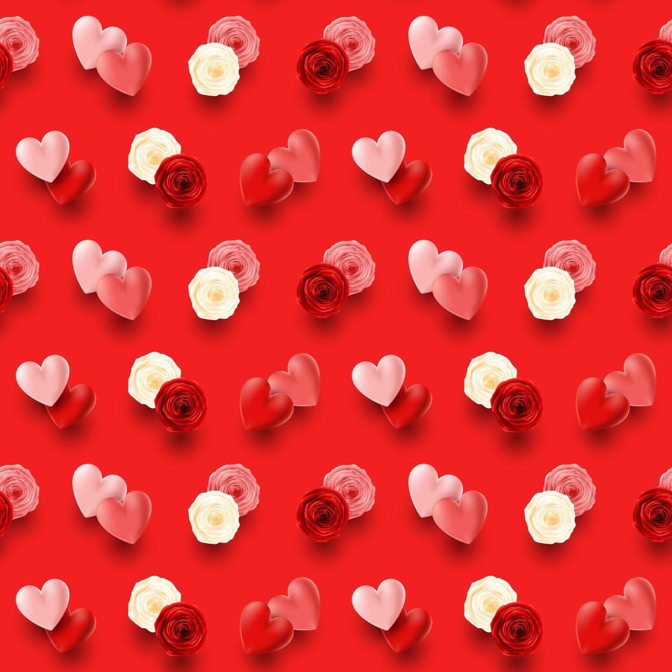 conjunto de corações e flores em fundo vermelho vetor