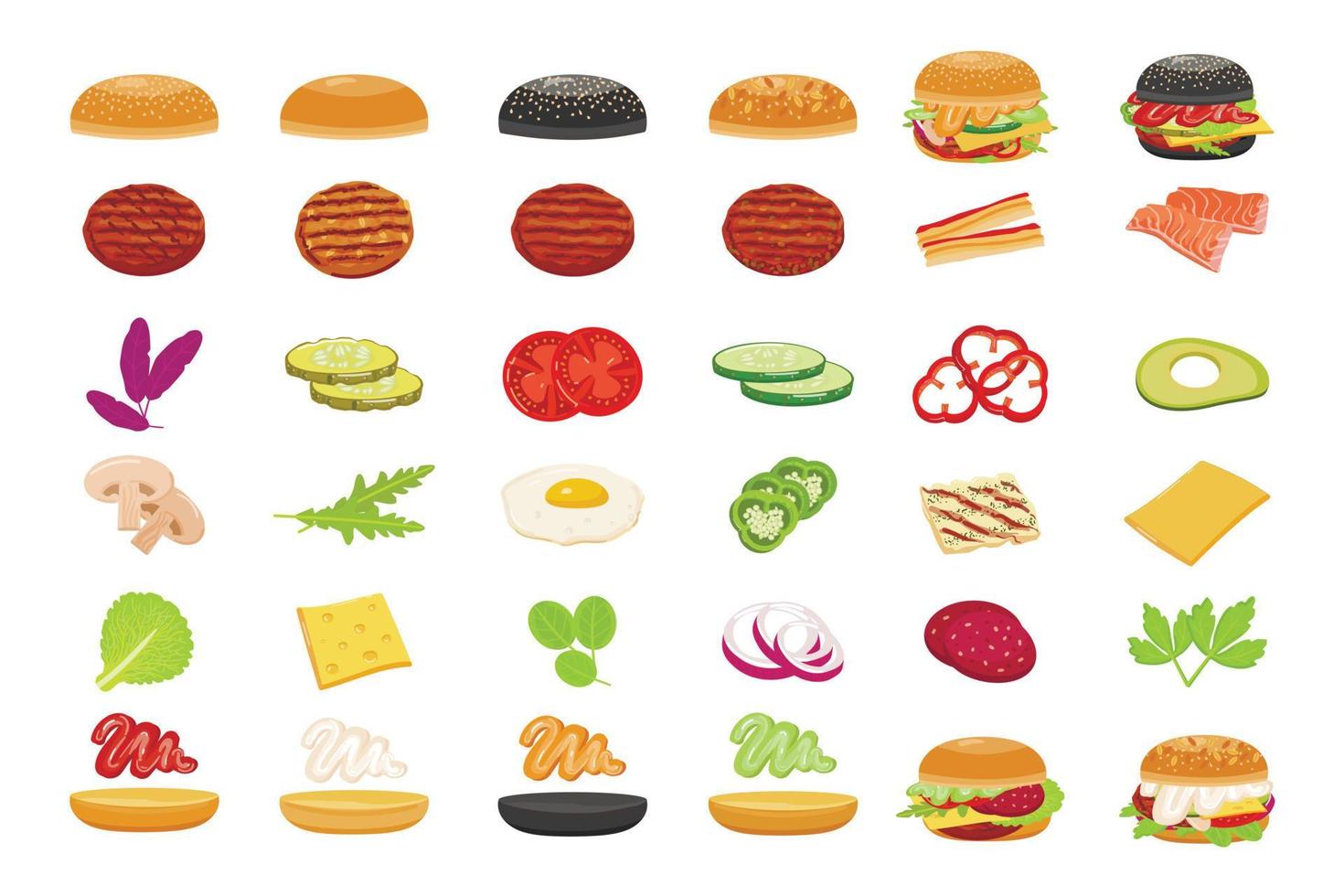 ícones de hambúrguer definir vetor de desenho animado. hambúrguer de comida