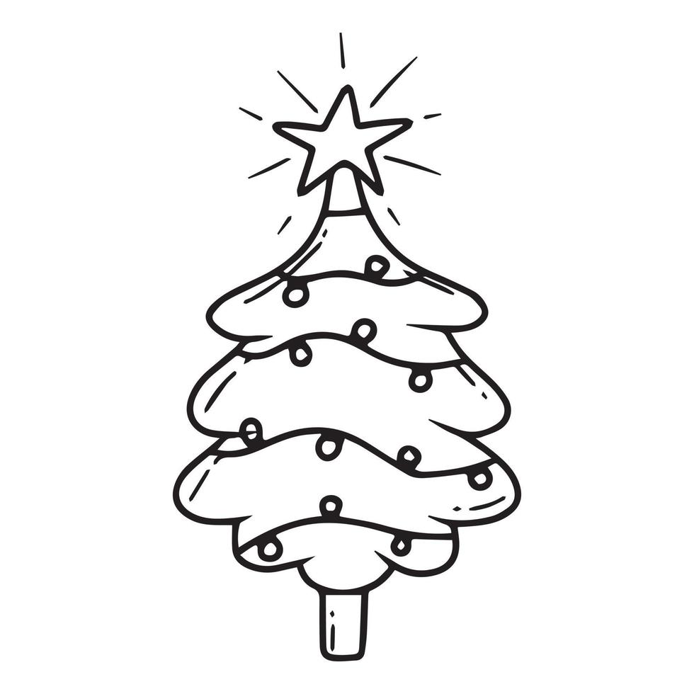 livro de colorir da árvore de natal. livro de colorir infantil. estilo doodle. ilustração em vetor de uma árvore de natal com uma estrela e uma guirlanda.