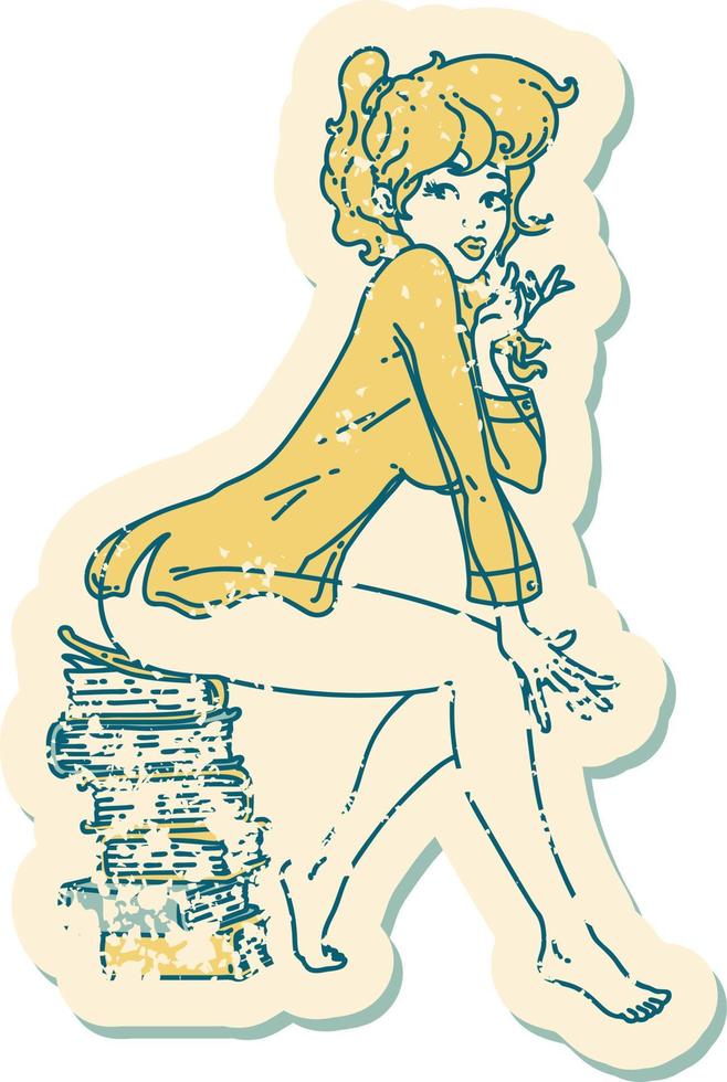 imagem icônica do estilo de tatuagem de adesivo angustiado de uma garota pinup sentada em livros vetor