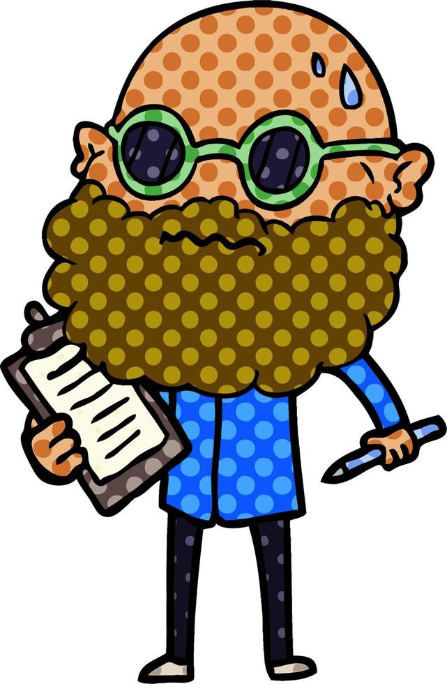 homem preocupado dos desenhos animados com barba e óculos de sol fazendo pesquisa vetor