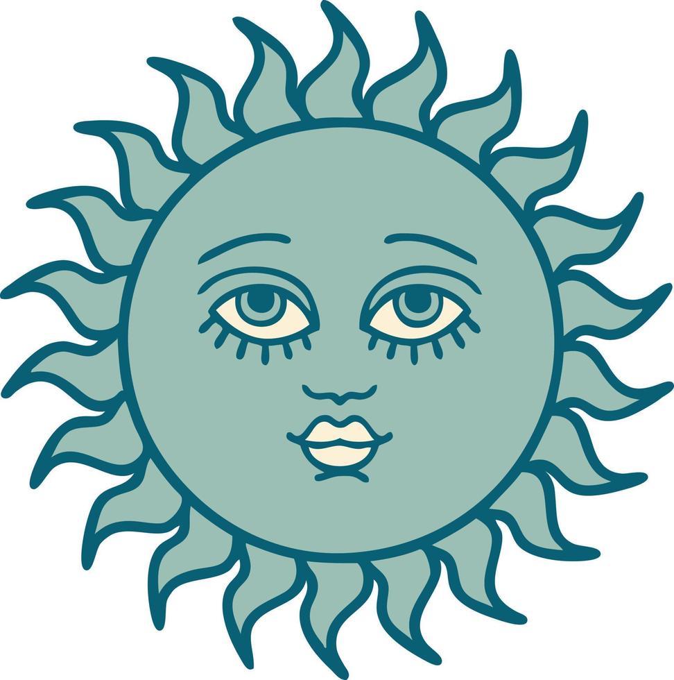 ícone de estilo de tatuagem de um sol com rosto vetor