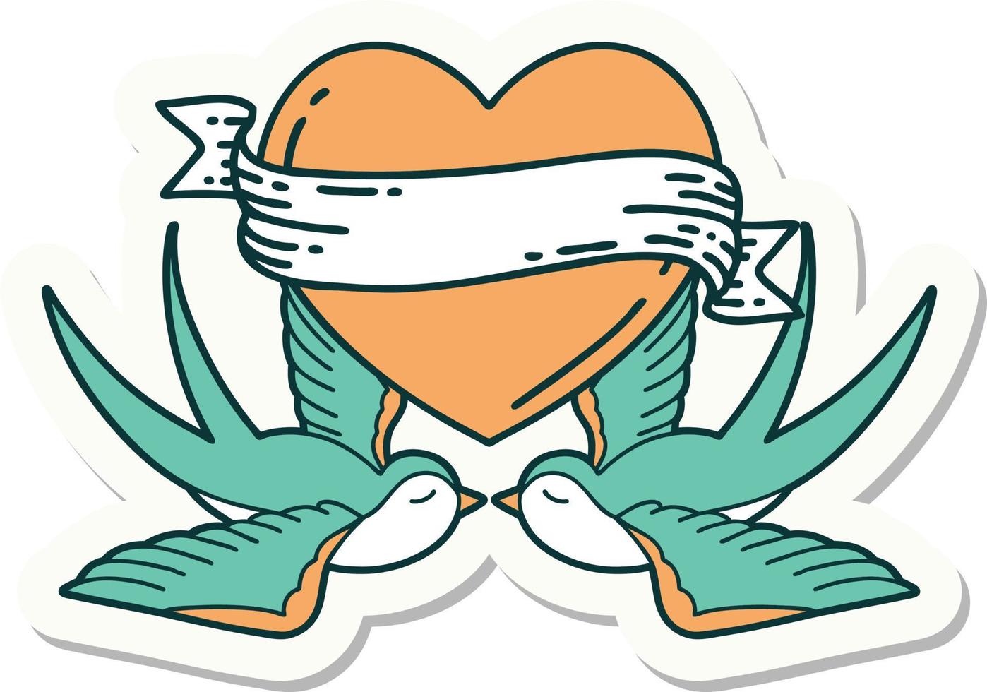 adesivo estilo tatuagem de andorinhas e um coração com banner vetor