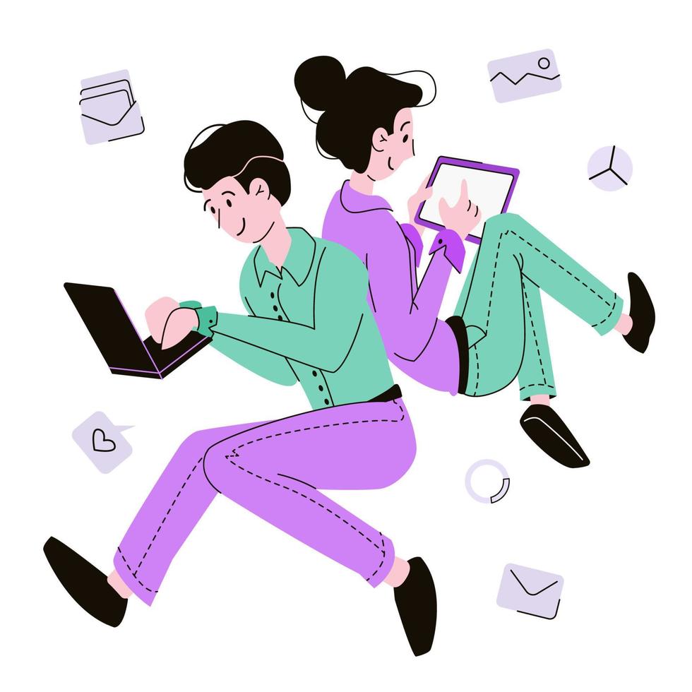 homem e mulher usa um tablet. o conceito de trabalhar online através de gadgets. ilustração vetorial vetor