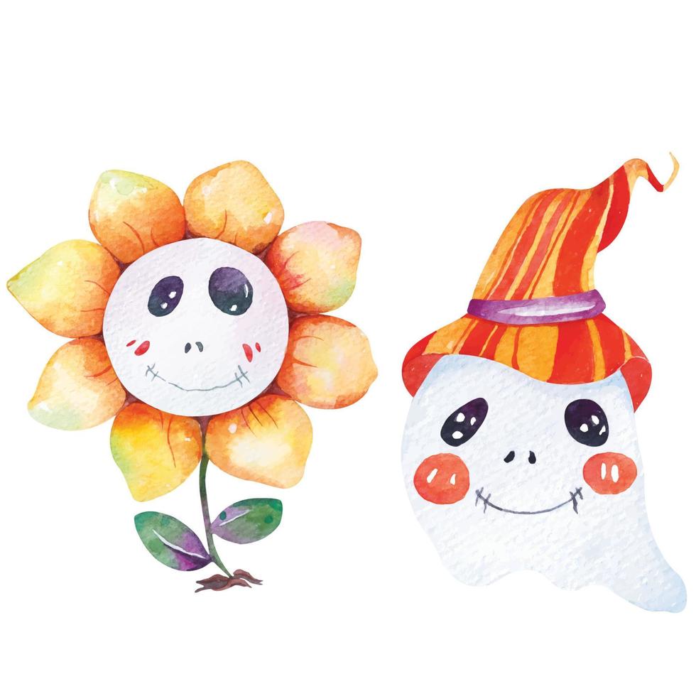 aquarela bonito ghost.happy helloween.cute monsters.cartoon fantasma de girassol, fantasma de chaleira. vetor