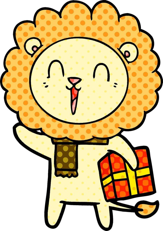 desenho de leão rindo com presente de natal vetor