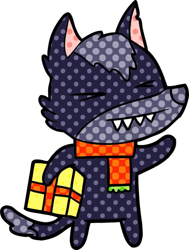 desenho de lobo de natal com raiva vetor