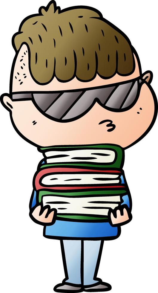 menino de desenho animado usando óculos escuros com pilha de livros vetor