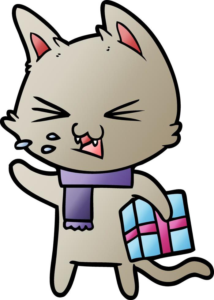 desenho animado gato assobiando com presente de natal vetor