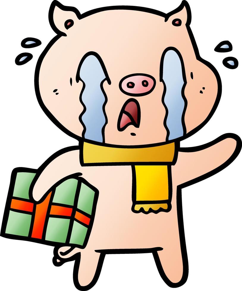 desenho de porco chorando entregando presente de natal vetor